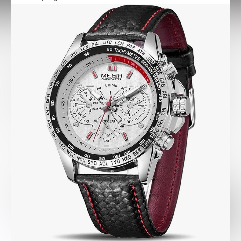 MEGIR Men's Analog Quartz Watch | Silver Black Red Dial – Luminous Military